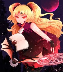 Rule 34 | 1girl, akatsuki uni, animal, arano oki, bare shoulders, bat (animal), black gloves, black thighhighs, blonde hair, book, closed mouth, commentary request, dress, full moon, gloves, hair ornament, hairclip, holding, holding book, leaning forward, long hair, magic circle, moon, open book, parted bangs, partially fingerless gloves, pleated skirt, purple dress, red moon, red skirt, skirt, smile, solo, thighhighs, two side up, uni create, very long hair, virtual youtuber, zipper pull tab