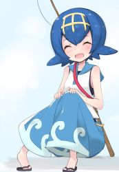 Rule 34 | 1girl, absurdres, baggy pants, bare arms, blue hair, blue sailor collar, blush, capri pants, closed eyes, creatures (company), doorknoble, feet, fishing rod, full body, game freak, hair between eyes, hair ornament, hairband, happy, highres, lana (pokemon), nintendo, one-piece swimsuit, open mouth, pants, pokemon, pokemon sm, sailor collar, sandals, shirt, short hair, sitting, sleeveless, sleeveless shirt, slippers, solo, swimsuit, swimsuit under clothes, trial captain