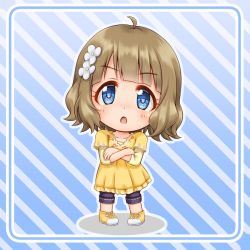 Rule 34 | 1girl, :o, ahoge, big head, blue eyes, blush, brown hair, chibi, crossed arms, diagonal stripes, dress, flower, full body, hair flower, hair ornament, idolmaster, idolmaster million live!, layered sleeves, long sleeves, looking at viewer, parted lips, pigeon-toed, pleated dress, purple shorts, regular mow, shadow, shoes, short over long sleeves, short sleeves, shorts, shorts under dress, solo, standing, striped, striped background, suou momoko, v-shaped eyebrows, white flower, yellow dress, yellow footwear