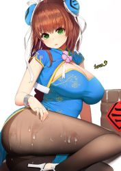 Rule 34 | 1girl, bad id, bad twitter id, bracelet, breasts, brown hair, chinese clothes, cum, green eyes, jellytits-7, jewelry, large breasts, pantyhose, shrug (clothing), solo