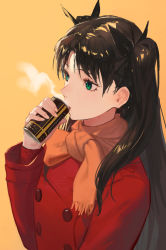 Rule 34 | 1girl, black hair, can, coat, fate/stay night, fate (series), green eyes, hair ribbon, highres, holding, holding can, long hair, long sleeves, open mouth, orange scarf, red coat, ribbon, scarf, simple background, solo, steam, tohsaka rin, two side up, upper body, yellow background, zonotaida