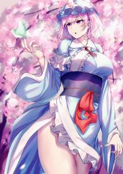 Rule 34 | 1girl, blue hat, blue kimono, branch, breasts, bug, butterfly, cherry blossoms, cowboy shot, frilled kimono, frills, hat, highres, insect, japanese clothes, kimono, large breasts, long sleeves, looking at viewer, mirufui, open mouth, pink eyes, pink hair, saigyouji yuyuko, sash, short hair, solo, standing, thighs, touhou, triangular headpiece, wide sleeves