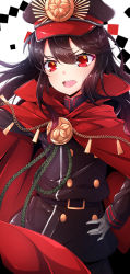 Rule 34 | 1girl, black hair, buttons, cloak, cowboy shot, crest, double-breasted, family crest, fate (series), floating hair, hand on own hip, hat, highres, koha-ace, long hair, military, military hat, military uniform, oda nobunaga (fate), oda nobunaga (koha-ace), open mouth, outstretched arm, peaked cap, red eyes, ripe.c, solo, teeth, uniform