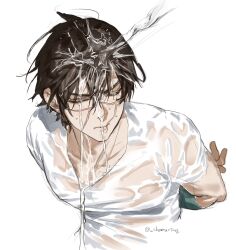 Rule 34 | 1boy, arm behind back, black hair, bound, bound wrists, chamuring, golden kamuy, highres, leaning forward, light frown, male focus, one eye closed, pectorals, scar, scar on face, shirt, sugimoto saichi, upper body, water drop, wet, wet clothes, wet hair, wet shirt, white shirt