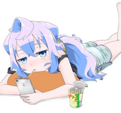Rule 34 | 1boy, blue eyes, blue hair, blush, cellphone, gingnang69, hacka doll, hacka doll 3, highres, long hair, lying, male focus, on stomach, phone, pillow, solo, trap, white background