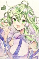 Rule 34 | 1girl, :d, \||/, absurdres, breasts, collared shirt, detached sleeves, frilled shirt collar, frills, frog hair ornament, green eyes, green hair, hair between eyes, hair ornament, hands up, heart, highres, kochiya sanae, large breasts, long hair, looking at viewer, navybluesparrow, open mouth, painting (medium), shirt, single hair tube, single sidelock, sleeveless, sleeveless shirt, smile, snake hair ornament, solo, touhou, traditional media, upper body, watercolor (medium), waving, white background, white shirt, white sleeves, wide sleeves
