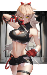 Rule 34 | 1girl, absurdres, bandaged hand, bandages, bandaid, bandaid on face, bare shoulders, belt, black belt, black bustier, black panties, black shorts, blonde hair, bow, breasts, bustier, cleavage, cleavage cutout, clothing cutout, column, cowboy shot, elbow pads, fang, gloves, hair between eyes, hair bow, highleg, highleg panties, highres, holding, holding weapon, kunai, large breasts, long hair, looking at viewer, navel, nijisanji, nui sociere, nui sociere (5th costume), official alternate costume, open clothes, open fly, open shorts, panties, pillar, ponytail, red bow, red gloves, shioneko (0202), short shorts, shorts, skin fang, smile, solo, stomach, string panties, thigh strap, thighs, toned, torn clothes, underwear, unzipped, virtual youtuber, weapon, yellow eyes