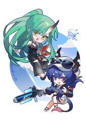 2girls :d absurdres arknights artist_name baseball_cap bell-bottoms black_jacket black_pants blue_hair blue_sky breasts ch&#039;en_(arknights) ch&#039;en_the_holungday_(arknights) chibi chibi_only chinese_commentary cleavage cloud cloudy_sky commentary_request dragon_girl eastern_dragon_horns eastern_dragon_tail eyewear_on_headwear folded_ponytail full_body green_hair gun hat high_ponytail highres holding holding_gun holding_weapon horns hoshiguma_(arknights) jacket liiger long_hair looking_at_viewer multiple_girls ocean official_alternate_costume official_alternate_hairstyle oni open_mouth pants ponytail red_eyes sidelocks single_horn skin-covered_horns sky smile spaghetti_strap sparkle straight_hair sunglasses weapon white_background white_hat yellow_eyes