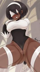 Rule 34 | 1girl, alternate color, artist name, black hair, blush, bmayyne, breasts, cleft of venus, dark skin, dark-skinned female, elbow gloves, gloves, hairband, highres, large breasts, leotard, mole, mole under mouth, nier (series), nier:automata, parted lips, partially visible vulva, short hair, solo, thick thighs, thighhighs, thighs, thong leotard, uncensored, wedgie, white blindfold, 2p (nier:automata)