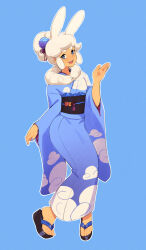 Rule 34 | 1girl, :d, animal ears, blue background, blue eyes, blue kimono, blue nails, commentary, english commentary, full body, fur collar, hair ornament, highres, japanese clothes, kemonomimi mode, kimono, long sleeves, looking at viewer, nail polish, no socks, obi, open mouth, original, outline, print kimono, rabbit ears, sandals, sash, short hair, simple background, smile, solo, squeezable (squeezabledraws), taffy (squeezable), toes, white hair, white outline, wide sleeves, zouri
