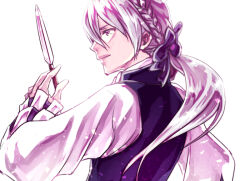 1boy aristocratic_clothes butler dagger fire_emblem fire_emblem_fates grey_hair jakob_(fire_emblem) knife long_hair low_ponytail male_focus nintendo ponytail purple_eyes solo tuxedo_shirt weapon yoneko