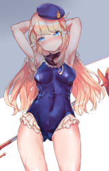 Rule 34 | 1girl, absurdres, alternate breast size, alternate costume, arms behind head, azur lane, bare legs, beret, blonde hair, blue eyes, blue headwear, blue one-piece swimsuit, bow, breasts, collar, cosplay, cowboy shot, crown, envel203, eyebrows, female focus, frilled collar, frilled swimsuit, frills, hair ribbon, hairband, hat, highres, looking at viewer, marie rose, marie rose (cosplay), medium breasts, mini crown, one-piece swimsuit, queen elizabeth (azur lane), ribbon, scepter, shadow, shiny clothes, solo, striped clothes, striped hairband, sweat, swimsuit, white background, white bow