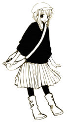 Rule 34 | 1girl, :o, anzu (o6v6o), bag, boots, cabbie hat, full body, gumi, hat, long sleeves, medium skirt, messenger bag, pantyhose, pleated skirt, sepia, short hair with long locks, shoulder bag, simple background, skirt, solo, vocaloid, white background