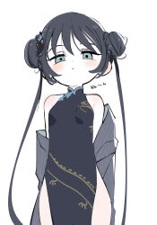 Rule 34 | 1girl, :&lt;, absurdres, black dress, black hair, blue archive, blue eyes, blush, breasts, butterfly hair ornament, china dress, chinese clothes, double bun, dress, grey jacket, hair bun, hair ornament, highres, jacket, kisaki (blue archive), kokaki mumose, long hair, looking at viewer, off shoulder, pinstripe jacket, pinstripe pattern, small breasts, solo, striped, twintails