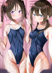 Rule 34 | 2girls, bare arms, black one-piece swimsuit, blue eyes, blush, breasts, brown hair, closed mouth, collarbone, commentary request, covered navel, hair between eyes, hair ornament, hair ribbon, hairclip, highleg, highleg swimsuit, highres, locker, locker room, long hair, multiple girls, one-piece swimsuit, original, purple eyes, ribbon, sakura yuu (hzjy8485), school swimsuit, sidelocks, small breasts, standing, swimsuit, thigh gap, twintails, wet, wet hair