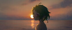 Rule 34 | 1girl, ahoge, back, bare shoulders, closed mouth, crying, evening, green hair, highres, horizon, looking at viewer, looking back, lordry, mushoku tensei, nude, ocean, pointy ears, red eyes, short hair, sky, solo, sun, sylphiette (mushoku tensei), water, wet, wet face, wet hair