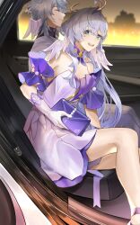 Rule 34 | 1boy, 1girl, :d, absurdres, aqua eyes, bare shoulders, brother and sister, closed eyes, commentary, detached sleeves, dress, feet out of frame, gloves, grey hair, gyoju (only arme nim), head wings, highres, holding, honkai: star rail, honkai (series), long hair, looking at viewer, open mouth, robin (honkai: star rail), short dress, short sleeves, siblings, sitting, smile, strapless, strapless dress, sunday (honkai: star rail), very long hair, white dress, white gloves, wings