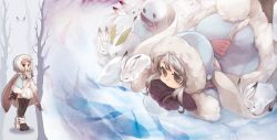 Rule 34 | 1girl, arctic hare, bare tree, black pantyhose, blue coat, brown eyes, cape, coat, dress, english text, fur trim, grey hair, hood, leaf, long hair, lying, mittens, multiple views, on stomach, original, pantyhose, personification, rabbit, rabbit tail, red scarf, scarf, silhouette, snow rabbit, snowman, tail, tree, white dress, zorim