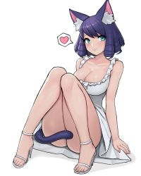 Rule 34 | 1girl, animal ear fluff, animal ears, ass, bare shoulders, blue eyes, breasts, cat ears, cat tail, check copyright, cleavage, collarbone, commentary, copyright request, covering crotch, covering privates, cyan (show by rock!!), donburi (donburikazoku), dress, heart, highres, large breasts, looking at viewer, no panties, purple hair, ringlets, shoes, short hair, show by rock!!, simple background, sitting, sleeveless, sleeveless dress, smile, solo, tail, tail censor, white background, white dress, white footwear