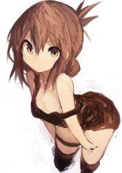 Rule 34 | 1girl, absurdres, arched back, blush, brown dress, brown hair, brown theme, brown thighhighs, closed mouth, cropped legs, dress, folded ponytail, hair between eyes, hands on own thighs, highres, inazuma (kancolle), kaamin (mariarose753), kantai collection, leaning forward, legs apart, light blush, long hair, looking at viewer, simple background, sketch, smile, solo, strap slip, thigh strap, thighhighs, white background