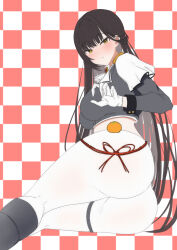 Rule 34 | 1girl, ass, black footwear, boots, breasts, brown eyes, brown hair, checkered background, crop top, cropped jacket, epaulettes, floating hair, foguma, from behind, gloves, goddess of victory: nikke, half updo, highres, jacket, knee boots, large breasts, long hair, long sleeves, looking at viewer, marciana (nikke), midriff, military jacket, military uniform, pants, pantylines, solo, thigh strap, tight clothes, tight pants, uniform, white gloves, white pants