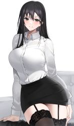 Rule 34 | 1girl, absurdres, arm support, black eyes, black hair, black skirt, black thighhighs, blush, breasts, closed mouth, collared shirt, dress shirt, garter straps, hair between eyes, hand on own thigh, highres, lace, lace-trimmed legwear, lace trim, large breasts, long hair, long sleeves, looking at viewer, mole, mole under mouth, office lady, original, pencil skirt, raitho, shirt, shirt tucked in, sidelocks, skindentation, skirt, smile, solo, swept bangs, taut clothes, taut shirt, thighhighs, thighs, white shirt, zettai ryouiki