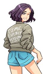 Rule 34 | 1girl, ass, blue shorts, blush, brown jacket, earrings, eggloaf, highres, jacket, jewelry, long sleeves, looking back, looking to the side, perfume (band), pocket, purple eyes, purple hair, short hair, shorts, solo