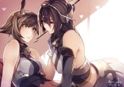 Rule 34 | 10s, 2girls, arm support, bare shoulders, black hair, blush, brown hair, elbow gloves, food, genyaky, gloves, green eyes, hand on another&#039;s chest, headband, headgear, heart, kantai collection, long hair, midriff, mouth hold, multiple girls, mutsu (kancolle), nagato (kancolle), navel, pleated skirt, pocky, pocky day, pocky kiss, red eyes, shared food, sharing food, short hair, skirt, smile, twitter username, white gloves, yuri