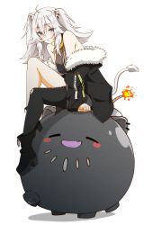 Rule 34 | 1girl, ahoge, animal ears, bare shoulders, black footwear, black jacket, black pantyhose, black shirt, boots, breasts, cleavage, commentary request, ear piercing, full body, fur-trimmed jacket, fur trim, grey eyes, grey skirt, grin, hair between eyes, high heel boots, high heels, highres, hololive, homura minori, jacket, jewelry, knee up, large breasts, lion ears, lion girl, lion tail, long hair, looking at viewer, necklace, off shoulder, pantyhose, piercing, see-through, see-through cleavage, shirt, shishiro botan, shishiro botan (1st costume), sidelocks, silver hair, simple background, single thighhigh, sitting, skin tight, skirt, sleeveless, sleeveless shirt, smile, ssrb (shishiro botan), tail, thighhighs, two side up, virtual youtuber, white background