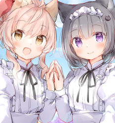 Rule 34 | 2girls, :d, animal ear fluff, animal ears, black hair, black ribbon, blue sky, bow, brown eyes, cat ears, cat hair ornament, closed mouth, cloud, commentary, day, dress, fang, hair between eyes, hair bow, hair ornament, hairclip, hand up, juliet sleeves, komugi (wataame27), long sleeves, multiple girls, name tag, neck ribbon, open mouth, original, outdoors, pink hair, puffy sleeves, purple eyes, red bow, ribbon, sky, smile, upper body, wataame27, white dress, wolf-chan (wataame27), wolf ears