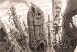 Rule 34 | 1boy, artist request, building, city, cloud, concept art, fish, flag, from behind, full body, grandia, grandia: parallel trippers, monochrome, multiple boys, official art, outdoors, rope, scenery, sky, smoke, solo, spiral staircase, stairs, still life, water, yuuhi (grandia)