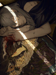 Rule 34 | 1boy, absurdres, air (ai r ), black shirt, blood, blood on ground, blood on hands, carpet, closed eyes, fingernails, floor, grey hair, hair between eyes, highres, jujutsu kaisen, long hair, lying, mahito (jujutsu kaisen), male focus, on floor, on side, own hands together, shirt, short sleeves, sleeping, smile, solo, stitched arm, stitched face, stitched hand, stitches, striped clothes, striped shirt, sunlight, torn sleeve, upper body