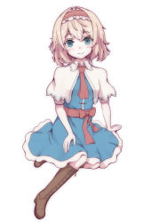 Rule 34 | 1girl, alice margatroid, arm support, blonde hair, blue eyes, boots, capelet, cross-laced footwear, eyelashes, fingernails, full body, hairband, hand on own thigh, highres, knee boots, lolita hairband, looking at viewer, ribbon, sash, short hair, short sleeves, simple background, sitting, smile, solo, takaya1103, touhou, white background, yokozuwari
