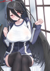 Rule 34 | 1girl, black choker, black hair, black thighhighs, blue archive, blush, breasts, choker, closed mouth, collarbone, commentary request, feet out of frame, hair between eyes, halo, hands up, hasumi (blue archive), hasumi (track) (blue archive), highres, large breasts, long hair, long sleeves, looking at viewer, low wings, mole, mole under eye, ponytail, red eyes, shirt, shougun (chuckni1), sitting, solo, thighhighs, white shirt, wings