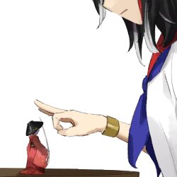 Rule 34 | 2girls, black hair, blue neckerchief, bracelet, commentary request, flat chest, holding, holding needle, japanese clothes, jewelry, kaigen 1025, kijin seija, kimono, long sleeves, mini person, minigirl, multicolored hair, multiple girls, neckerchief, needle, parted lips, purple hair, red hair, red kimono, shirt, short hair, simple background, sukuna shinmyoumaru, touhou, white background, white hair, white shirt, wide sleeves