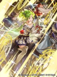 Rule 34 | 1girl, 2boys, axe, battle axe, book, boots, cape, commentary request, company connection, copyright name, fire emblem, fire emblem: the sacred stones, fire emblem cipher, gloves, green eyes, green hair, horse, horseback riding, jewelry, l&#039;arachel (fire emblem), long hair, mayo (becky2006), multiple boys, nintendo, official art, open mouth, riding, skirt, smile, sparkle, thigh boots, thighhighs, weapon, white footwear, zettai ryouiki