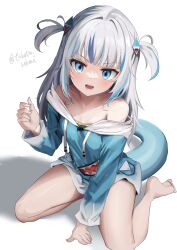 Rule 34 | 1girl, bare shoulders, blue eyes, blue hair, blue hoodie, blunt bangs, blush, breasts, collarbone, commentary request, fins, fish tail, gawr gura, gawr gura (1st costume), grey hair, hand up, highres, hololive, hololive english, hood, hoodie, long hair, long sleeves, looking at viewer, multicolored hair, off shoulder, open mouth, shark tail, sharp teeth, sidelocks, simple background, sitting, small breasts, solo, streaked hair, sweatdrop, tail, teeth, toketa-sekai, twitter username, two side up, virtual youtuber, wariza, white background