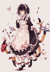Rule 34 | 1girl, apron, text background, black footwear, black hair, blood, blood stain, blush, bow, broken plate, bug, checkerboard cookie, closed mouth, collared dress, cookie, cup, dress, eyelashes, finger to face, flower, food, fork, frilled apron, frilled skirt, frills, gingerbread man, grey eyes, heart, heterochromia, highres, knife, leg up, long skirt, long sleeves, looking at viewer, maid, maid apron, maid headdress, meat, messy hair, original, plate, pointing finger, ribbon, sandwich, short hair, simple background, skirt, skirt hold, smile, snake, solo, spider, spilling, standing, sugar cube, teacup, teapot, tray, white legwear, white ribbon, y o u k a, yellow eyes