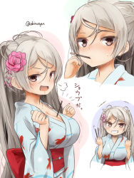 Rule 34 | 1girl, akino shuu, animal print, blue kimono, breasts, brown eyes, cleavage, conte di cavour (kancolle), fish print, flower, food, goldfish print, grin, hair flower, hair ornament, holding, holding food, japanese clothes, kantai collection, kimono, large breasts, long hair, long sleeves, multiple views, obi, object on breast, open mouth, pink flower, pocky, pocky day, print kimono, sash, silver hair, smile, twitter username, wide sleeves, yukata