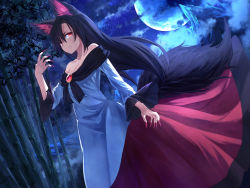 Rule 34 | 1girl, animal ears, bamboo, bamboo forest, bare shoulders, black legwear, blood, blood splatter, breasts, brooch, cleavage, cloud, fingernails, forest, full moon, highres, ibuki notsu, imaizumi kagerou, jewelry, long fingernails, long sleeves, looking at viewer, moon, nature, night, off shoulder, red eyes, shirt, skirt, sky, small breasts, solo, star (sky), starry sky, tail, touhou, wide sleeves, wolf ears, wolf tail