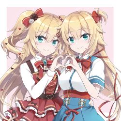 Rule 34 | 2girls, akai haato, akai haato (gothic lolita), aqua eyes, blonde hair, bow, bowtie, collared shirt, commentary, dual persona, hair bow, hair ornament, hand on another&#039;s hip, heart, heart-shaped pupils, heart hair ornament, heart hands, heart hands duo, highres, hololive, long hair, looking at viewer, multiple girls, official alternate costume, pink background, ribbon, shirt, simple background, smile, symbol-shaped pupils, tm-pika, upper body, virtual youtuber