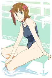 Rule 34 | 1girl, amami haruka, bad id, bad pixiv id, brown hair, green eyes, hair ribbon, highres, idolmaster, idolmaster (classic), looking at viewer, one-piece swimsuit, partially submerged, pool, ribbon, short hair, sitting, smile, solo, swimsuit, thesale