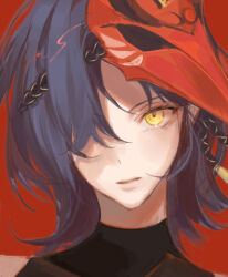 Rule 34 | 1girl, bird mask, black hair, commentary, genshin impact, hair over one eye, kujou sara, looking at viewer, mask, mask on head, medium hair, parted lips, portrait, red background, red mask, simple background, sleeveless, solo, symbol-only commentary, whitecookie1001, yellow eyes