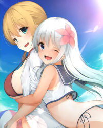 Rule 34 | 10s, 2girls, :d, ;d, alternate costume, aqua eyes, bad id, bad pixiv id, bare shoulders, bikini, blonde hair, blue bikini, blue eyes, blush, breasts, commentary request, crop top, day, flower, hair flower, hair ornament, highres, hug, hug from behind, jacket, kantai collection, large breasts, long hair, looking at viewer, low twintails, multiple girls, one-piece tan, one eye closed, open clothes, open jacket, open mouth, outdoors, prinz eugen (kancolle), red bikini, rerrere, ro-500 (kancolle), sailor collar, side-tie bikini bottom, sideboob, silver hair, small breasts, smile, swimsuit, tan, tanline, twintails