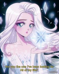 Rule 34 | 1980s (style), 1girl, animification, artist name, bare shoulders, blue eyes, collarbone, commentary, dress, elsa (frozen), english commentary, eyeshadow, floating hair, frozen (disney), frozen ii (disney), hanavbara, highres, long hair, looking ahead, nail polish, off-shoulder dress, off shoulder, oldschool, open hands, parted lips, purple eyeshadow, retro artstyle, snowflakes, solo, white hair, white nails
