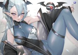 Rule 34 | 1girl, black jacket, blue eyes, bodysuit, breasts, candy, commentary request, copyright request, curvy, double-parted bangs, ear piercing, earrings, fangs, food, full-length zipper, grey hair, hair between eyes, hair ornament, hairclip, head wings, highres, hitowa, jacket, jacket partially removed, jewelry, lollipop, long hair, long sleeves, medium breasts, narrow waist, open mouth, pearl earrings, piercing, purple eyes, skin tight, sleeveless, sleeveless bodysuit, solo, spread legs, v-shaped eyebrows, very long hair, wide hips, wings, x hair ornament, zipper
