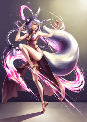 Rule 34 | 1girl, animal ears, bare hips, braid, breasts, china dress, chinese clothes, cleavage, cleavage cutout, clothing cutout, double bun, dress, fighting stance, fox ears, fox tail, gradient background, hair bun, hair tubes, highres, kazuki seihou, leg up, long hair, looking to the side, open mouth, original, pelvic curtain, side slit, silver hair, simple background, sleeveless, small breasts, solo, standing, standing on one leg, tail, thighs, twin braids, twintails, yellow eyes