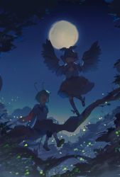 Rule 34 | 2girls, antennae, bird wings, branch, cape, closed eyes, commentary, english commentary, fireflies, full moon, gradient sky, green hair, highres, jeto (jetopyon), moon, multiple girls, mystia lorelei, night, night sky, open mouth, outdoors, pants, shirt, short hair, sitting on branch, sky, smile, standing, standing on one leg, thighhighs, touhou, winged footwear, winged hat, wings, wriggle nightbug