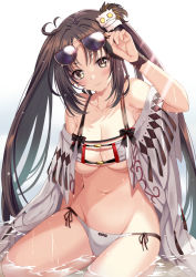 Rule 34 | 1girl, bad id, bad pixiv id, bare shoulders, bikini, breasts, brown eyes, brown hair, cleavage, closed mouth, collarbone, earrings, eyewear on head, fate/grand order, fate (series), hair ornament, harimoji, jewelry, long hair, medium breasts, multiple earrings, navel, open clothes, robe, sitting, sunglasses, swimsuit, thighs, twintails, very long hair, water, wet, white bikini, yu mei-ren (fate), yu mei-ren (swimsuit lancer) (fate)