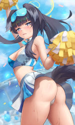 Rule 34 | 1girl, absurdres, animal ears, arms up, ass, bad id, bad pixiv id, bare shoulders, black hair, blue archive, blunt bangs, blush, breasts, cameltoe, cheerleader, confetti, crop top, crop top overhang, dog ears, dog girl, dog tail, eyewear on head, halo, hibiki (blue archive), hibiki (cheer squad) (blue archive), highres, holding, holding pom poms, jixo (user nzhc8728), long hair, looking at viewer, medium breasts, midriff, millennium cheerleader outfit (blue archive), miniskirt, multicolored hair, outdoors, panties, pom pom (cheerleading), pom poms, ponytail, skirt, sleeveless, solo, sunglasses, sweat, tail, thighs, underwear, white panties